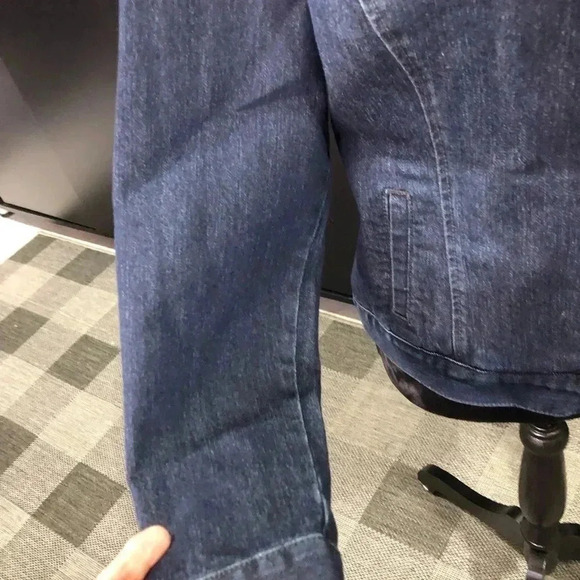 Style & Co Moto Blue Jean Jacket, V-neck collar detail, zip front, side pockets - Picture 5 of 10